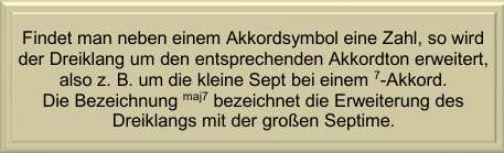 Tafeltext: Zahl neben Akkordsymbol erweitert Dreiklang um Septime, z. B. kleine oder große Septime (maj7)